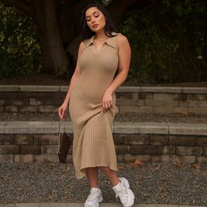 Sleeveless Ribbed Knit Tan Dress